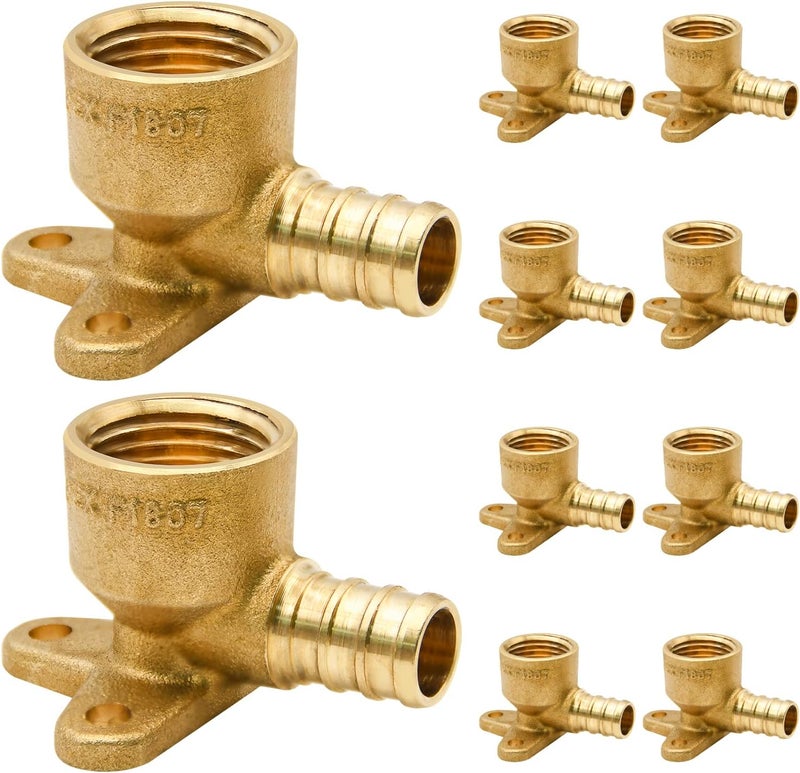 Ruby Q 10 Pack Drop Ear Elbow Fittings, PEX 1/2" x 1/2" NPT Female Threaded Adapter Crimp Fitting, Brass, Full Port for PEX pipes in plumbing jobs - Image 1